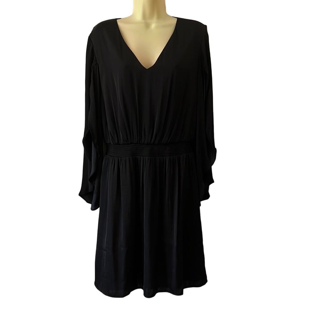 Jennifer Lopez Woman Size L Black Silky Dress Long Flowy Sleeves LBD Smocked